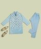 KIDS ISLAND Silk Full Sleeves Check Shaped Threadwork Embroidered & Sequins Embellished Kurta Pyjama With Nehru Jacket Set - Sky Blue