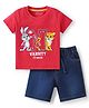 Babyhug Single Jersey Knit Half Sleeves Animal Printed T-Shirt & Shorts Set - Red & Blue