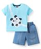 Babyhug Single Jersey Knit Half Sleeves T-Shirt & Denim Shorts Set with Panda Print - Light Blue