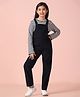 Piccolo Cotton Lycra Solid Dungaree With Full Sleeves Striped Tee Set - Blue
