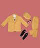 KIDS ISLAND Typography Printed Attached Bow Detailed Tee With Full Sleeves Solid Trousers Blazer & Cap Set - Yellow Ochre