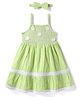 Babyhug Cotton Knit Sleeveless Checkered Frock with Headband Floral Embroidery & Smocking - Light Green