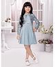 TINY BABY Satin Jaquard Full Sleeves Floral Printed Jacket With Pearls Embellished Fit & Flare Dress - Blue
