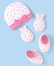 Babyhug 100% Cotton Knit Cap Mittens & Booties With Heart Print & Bow Applique White & Pink - Diameter 10 cm