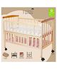 Furnifest Wooden Cot Crib with Mattress and Mosquito Net for 0 to 3 years - Beige| Wheels with Lock| Large Storage Space| Bed Height Adjustable | Openable Side Rail| Folding Headboard | Convert to Study Table | Attach to Parent Bed
