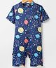 ROVARS Cotton Lycra Half Raglan Sleeves Legged Swimsuit with Space Theme Print - Navy Blue