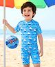 ROVARS Cotton Lycra Half Raglan Sleeves Legged Swimsuit with Nautical Theme Print - Light Blue