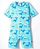 ROVARS Cotton Lycra Half Sleeves Legged Swimsuit with Whale Print - Light Blue