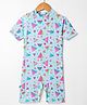 ROVARS Cotton Lycra Half Sleeves Legged Swimsuit with Triangle Print - Light Blue & Violet