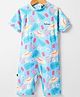 ROVARS Cotton Lycra Half Raglan Sleeves Legged Swimsuit with Beach Theme Print - Blue