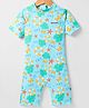 ROVARS Cotton Lycra Half Raglan Sleeves Legged Swimsuit with Beach Theme Print - Sea Green