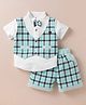 Mini Taurus Cotton Knit Half Sleeves Attached Waistcoat Shirt & Shorts Set with Checks & Bow Applique - Mint