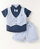 Mini Taurus Cotton Knit Half Sleeves Printed Shirt & Shorts Set With Attached Waistcoat & Bow Applique - Light Blue