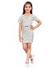 Lei-Chie Velvet Half Sleeves Floral Applique Detailed & Abstract Glitter Printed Dress With Belt - White