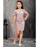 Lei-Chie Velvet Half Sleeves Floral Applique Detailed & Abstract Glitter Printed Dress With Belt - Pink