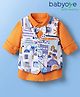 Babyoye 100% Cotton Knit Full Sleeves Shirt With Printed Waistcoat & Bow Applique - Orange & White