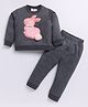 M'andy Fleece Full Sleeves Pearl Embellished Rabbit Patch Coordinating Track Suit Set - Grey