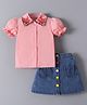 Mark & Mia Cotton Puffed Sleeves Top & Skirt with Embroidered Collar - Pink
