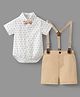 Mark & Mia Cotton Half Sleeves Printed Onesie & Shorts Set with Suspender & Bow Applique - White & Beige