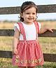 Babyhug Single Jersey Knit Frill Sleeves Top & Checks Skirt Set With Floral Embroidery - White & Pink