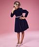 MASTARANG Velvet Full Sleeves Solid Dress With Glitter Belt Set - Navy Blue