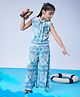 MASTARANG Sleeveless Checked Leaves Printed Bow Applique Detailed Coordinating Top & Pant Set - Blue