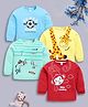 Little Ninja Cotton Pack Of 4 Full Sleeves Animals & Typography  Printed Tees - Red & Blue