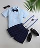 Jeet Ethnics Half Sleeves Solid Shirt With Checked Shorts & Suspender With Bow - Navy Blue