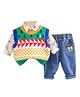 Little Surprise Box Full Sleeves Abstract Printed Shirt Sweater & Denim Jeans Set - Multi Colour