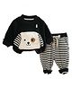 Little Surprise Box Full Sleeves Dog Applique Detailed Striped Breathable Sweatshirt & Joggers Set - Black
