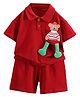 Little Surprise Box Half Sleeves Teddy Bear 3D Applique Detailed Polo Tee & Shorts Set - Red