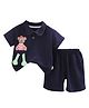 Little Surprise Box Half Sleeves Teddy Bear 3D Applique Detailed Polo Tee & Shorts Set - Navy Blue