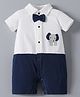 Mark & Mia Half Sleeves Cotton Romper With Bow Applique & Elephant Patch - White & Navy Blue