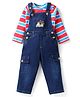 Babyhug Single Jersey Knit Full Sleeves Striped T-Shirt & Dungaree with Vehicle Print - Red & Blue