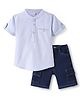 Babyhug Cotton Oxford Half Sleeves Solid Color Kurta Style Shirt & Denim Shorts Set - Blue