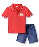 Babyhug Single Jersey Knit Half Sleeves Polo T-Shirt & Denim Shorts Set with Patch Detailing - Red & Blue