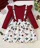 Fashion Dream Cotton Blend Full Sleeves Bow Applique & Frill Detailed Snowflakes Printed Dress - Maroon