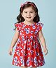 Babyhug Cotton Knit Frill Sleeves Frock & Hair Band with Floral Print & Bow Applique - Red