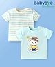 Babyoye 100% Cotton Knit Half Sleeves T-Shirts With Stripes & Animal Print Pack Of 2 - Light Blue