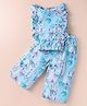 Olio Kids Cotton Knit Frill Sleeves Co-ords Top & Capri Set with Floral Print & Fabric Belt - Light Blue