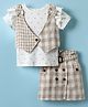 ToffyHouse Knitted Half Sleeves Checkered Top and Skirt Set With Belt & Waistcoat - Beige & White