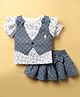 ToffyHouse Knit Half Sleeves Top & Skirt Set with Waistcoat Bow Applique & Floral Print - Navy Blue