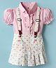 ToffyHouse Knit Half Sleeves Shirt Style Top & Skirt Set With Polka Dot Print & Suspender - Pink & White