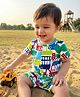 Babyhug 100% Cotton Knit Half Sleeves Romper with Vehicle  Print - White & Green