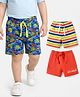 Babyhug Cotton Knit Mid Thigh Length Shorts with Tropical Theme Print & Stripes Pack of 3 - Red Blue & Light Green