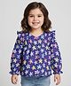 Babyhug Woven Full Peasant Sleeves Top With Floral Print & Frill Detailing - Blue