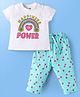 Doodle Poodle 100% Cotton Knit Half Sleeves Nightsuit  With Happiness Is Power Text & Floral Print - White & Light Blue
