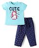 Doodle Poodle 100% Cotton Knit Half Sleeves Night Suit With Unicorn & Heart Print - Light & Navy Blue
