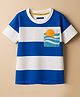 Pine Kids Cotton Knit Half Sleeves T-Shirt With Stripes & Pocket with Beach Print - White & Blue