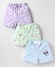 Teddy Sinker Knit Knee Length Unicorn Birds & Panda Printed Shorts with Bow Applique & Stripes Pack of 3 - Lavender Light Blue & Green